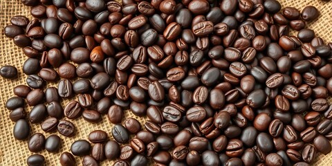 Obraz premium Dark roasted organic coffee beans scattered on burlap sack, natural, organic farming