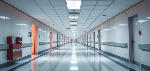 Fototapeta premium Long, sterile hospital corridor stretches into the distance, gleaming floor reflecting fluorescent lights, space, perspective