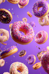 Colorful donuts with sprinkles floating against a vibrant purple background, creating a festive atmosphere