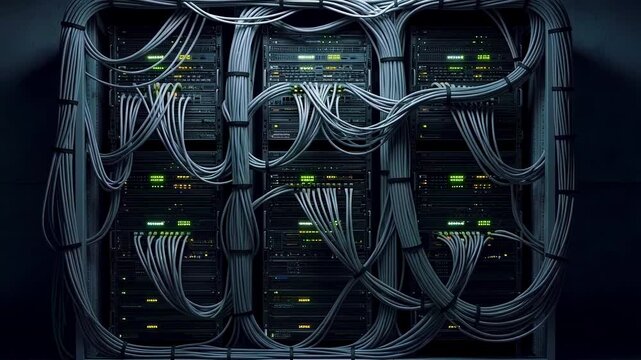 Intricate server room filled with tangled cables and illuminated data panels, showcasing technology in action