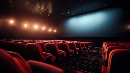 Cinematic Ambiance - Empty Red Chairs Face a Blank Screen in a Dimly Lit Auditorium.