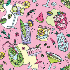 Summer cocktail pattern with mojito, martini, lemonade and tropical fruits on pink background