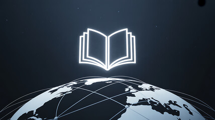 Glowing open book icon above a globe with interconnected lines, symbolizing global knowledge and education