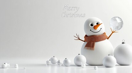 3D rendered glossy snowman with scarf and top hat, floating snowflakes on white background, "merry Christmas" text
