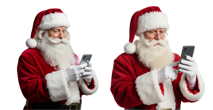Collection of Happy Santa Claus holding smartphone isolated on white or transparent background