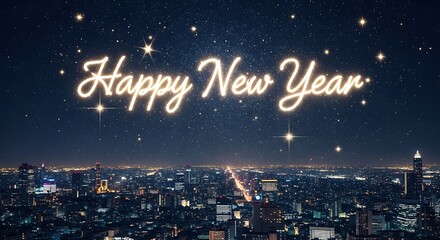 A beautiful cityscape at night with a happy new year message shining above the city lights and stars in the night sky, creating a festive atmosphere