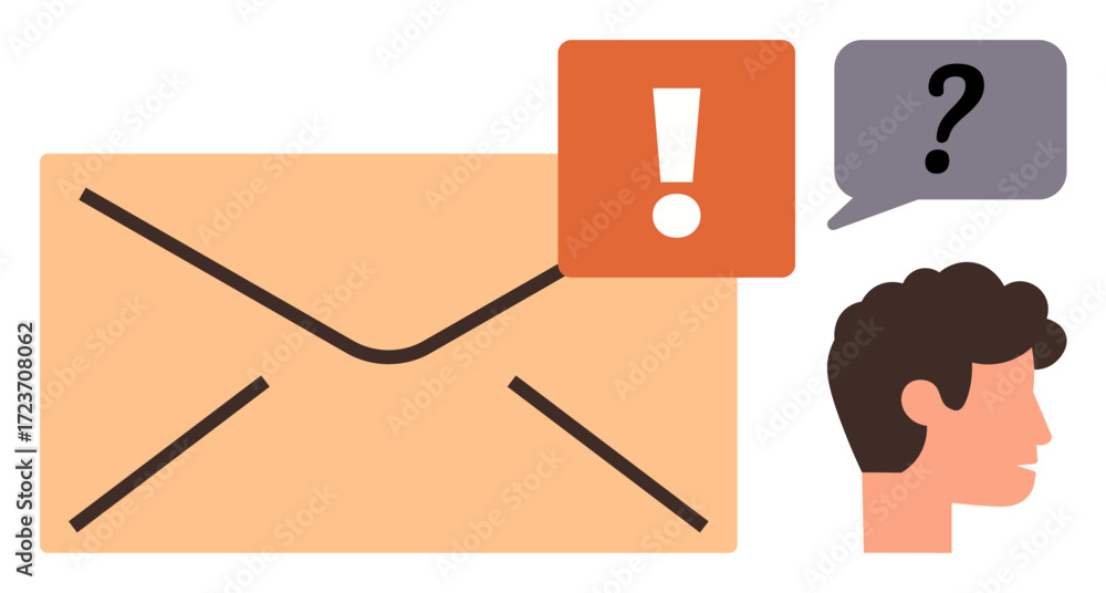 Poster large envelope with a red alert icon and exclamation mark, a face with a question bubble, focusing o