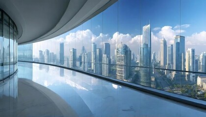 曲線的な廊下から見た高層ビル群と青空の眺め