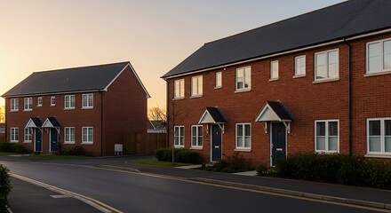 Houses in England with typical red bricks at sunset - Main street in a new estate with typical British houses on the side - Real estate and buildings concepts in UK