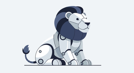 A stylized illustration of a sitting robot lion, featuring white and dark blue mechanical parts and visible joints, representing advanced technology.