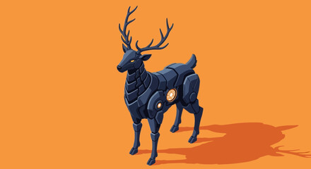 Obraz premium A futuristic robotic deer with large antlers and glowing orange eyes stands on a solid orange background.