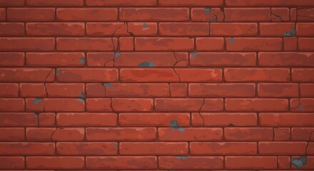 Brick wall seamless pattern. Red color. Cracked and peeling grey paint. Vector illustration. Cartoon design. Flat style. Minimalism. Wall texture background. Stone blocks. Realistic. Eps10.
