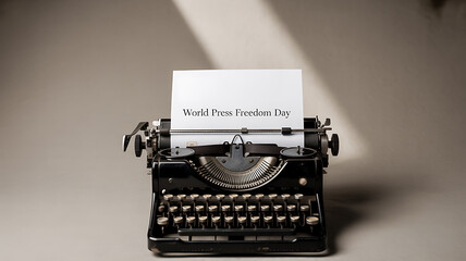 Vintage typewriter with paper reading 'World Press Freedom Day' on a neutral background