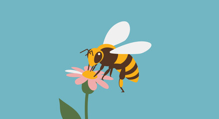 A bee pollinates a pink flower on a light teal background.