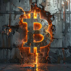 Bitcoin symbol erupting from cracked concrete wall