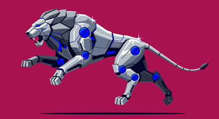 A powerful robotic lion with metallic armor and glowing blue joints leaps forward against a solid magenta background.