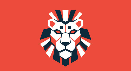 Stylized graphic design of a lion's head, featuring geometric shapes and bold colors.