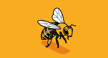 A stylized illustration of a bee with black and yellow stripes against a solid orange background.