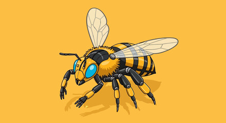 A cartoon illustration of a robotic honeybee, with detailed features and vibrant colors.