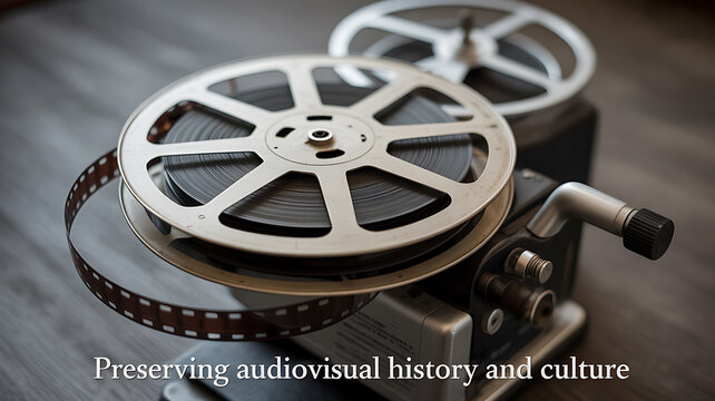 Vintage film reel on a projector, symbolizing the preservation of audiovisual history and culture
