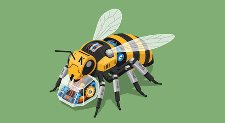 Detailed illustration of a robotic bee carrying a transparent container filled with gears and circuits, set against a green background.