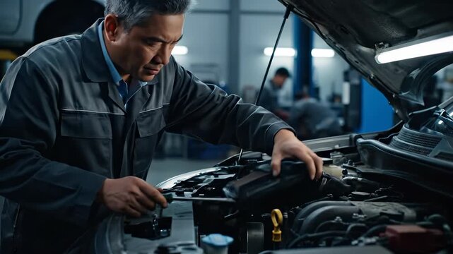 Mechanic repairs car engine under hood. Technician inspects engine and performs maintenance and repair. Auto service takes place in busy garage workshop. Worker uses wrench and dipstick to check oil.