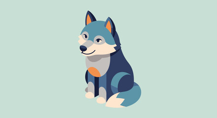 Illustration of a cartoon wolf with blue and gray fur, sitting and smiling on a light green background.