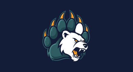 A stylized illustration featuring a white bear head emerging from a teal bear paw.