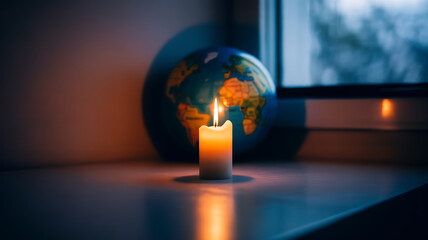 A lit candle on a windowsill with a globe in the background, casting warm light in a dimly lit room.