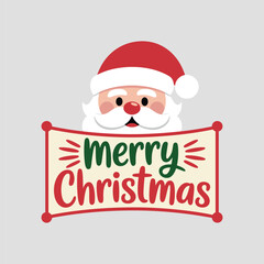 Santa Claus Face Holding a Merry Christmas Banner with Festive Decorations Keywords: Santa Claus