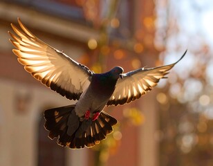A pigeon in flight, bathed in sunlight