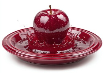 Red Apple Splashing On Burgundy Plate