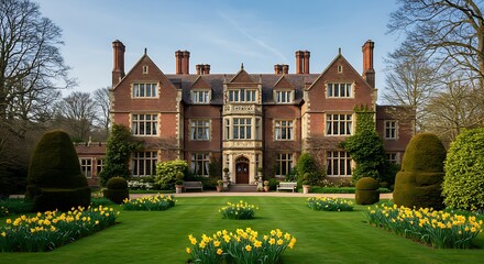 Elegant English Country Manor mansion house Grade 2 listed Victorian period property in red brick. Front view with large garden, green lawn and daffodils
