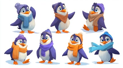 Fototapeta premium A group of penguins are standing in a row, all wearing hats and scarves. penguin cristmas concept.