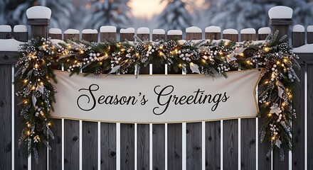 A festive banner with the words seasons greetings hangs on a snowcovered wooden fence, adorned with garland and twinkling lights in a winter wonderland