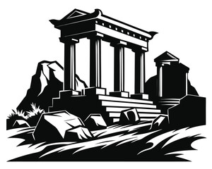 Detailed black and white vector illustration of ancient ruins with architectural elements and a sense of history
