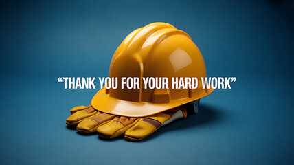 Yellow hard hat and work gloves with text 'Thank you for your hard work' on a blue background