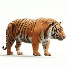 Obraz premium A majestic tiger stands proudly, showcasing its beautiful stripes against a clean white backdrop. This animal is a powerful symbol.