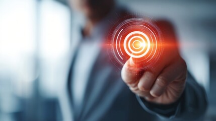 A person's finger touches a glowing digital target, highlighting innovation, and technology.