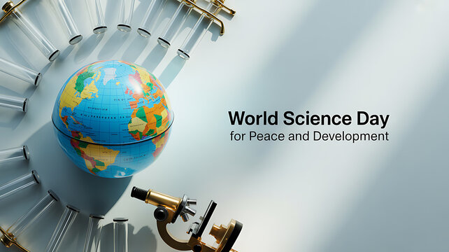 World Science Day for Peace and Development with globe, test tubes, and microscope