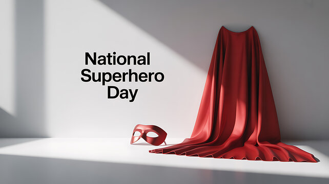 National Superhero Day celebration with red cape and mask displayed in a minimalist setting