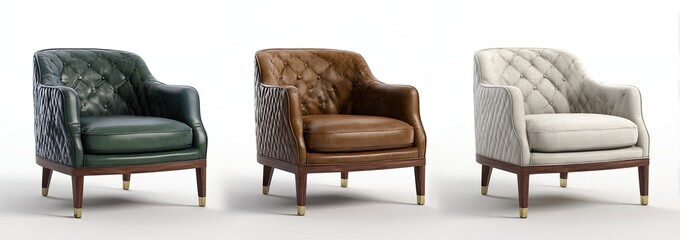 Three quilted leather armchairs in various colors