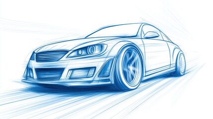 A striking, blue-toned illustration of a sleek sports car speeding across a white background, conveying movement.