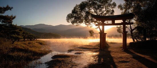 Sunrise over misty lake with torii gate