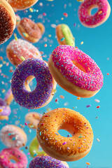 Colorful donuts with sprinkles floating against a bright blue background, creating a whimsical scene