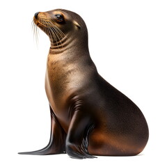Obraz premium Realistic full-body side view portrait of a sea lion with smooth brown fur, visible whiskers, and a gentle expression, captured in high resolution with dynamic lighting, soft shadows, and clean sharp 