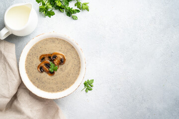 Mushroom soup on white background with ingredients for cooking.