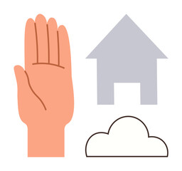 Open hand beside a house silhouette and cloud icon. Ideal for communication, security, home, weather, connection, care, teamwork. Minimalist design with a simple flat metaphor