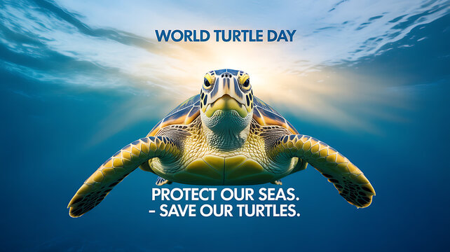 Sea turtle swimming underwater with sunlight filtering through water, promoting World Turtle Day and ocean conservation.