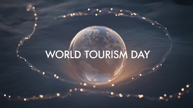 World Tourism Day celebration with a glowing globe surrounded by light trails on a dark background